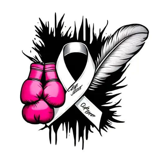 white cancer ribbon with feather a signature and pink boxing gloves hanging from it tattoo design idea