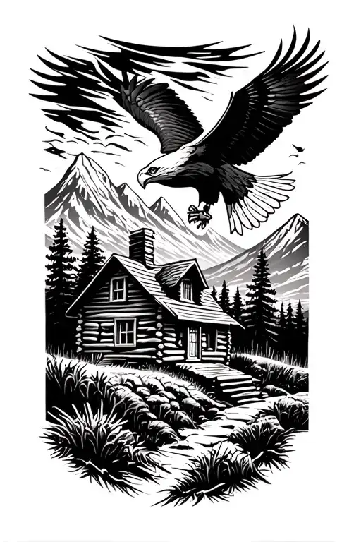 nature scene with log cabin up on a mountain with a bald eagle soaring in the sky with a acoustic guitar tattoo design idea