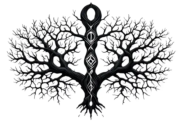 runes lower back connecting together like tree branches tattoo design idea