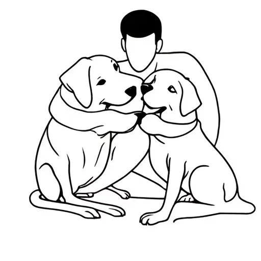 man owner hugging two dogs playing tattoo design idea