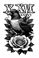 "X XIV XXIV" Bird Sitting On Rose tattoo design idea