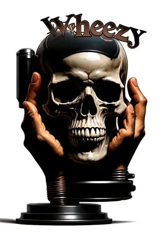 a studio micro with a base of a skull with hands holding the micro with the name wheezy separating the tattoo vertical tattoo design idea