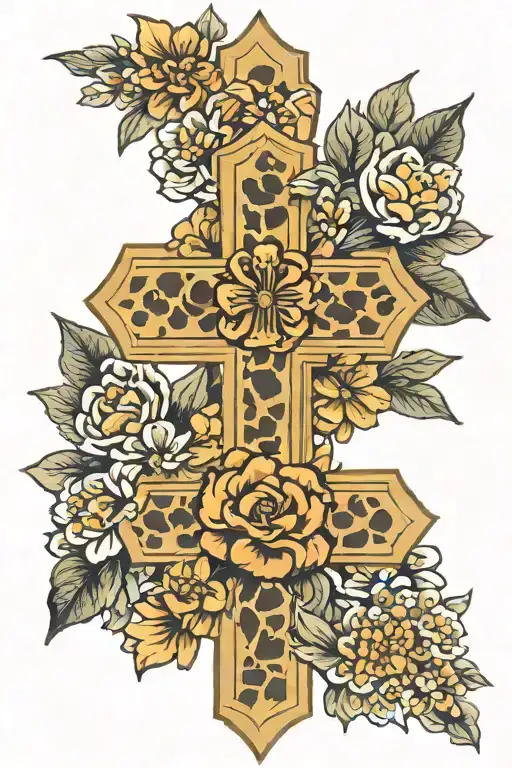 cheetah print , flowered cross tattoo with saved by Grace written tattoo design idea