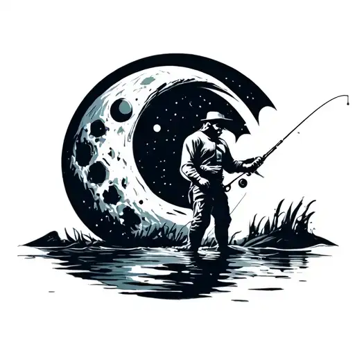 Man Fishing On The Moon simple outline tattoo design idea