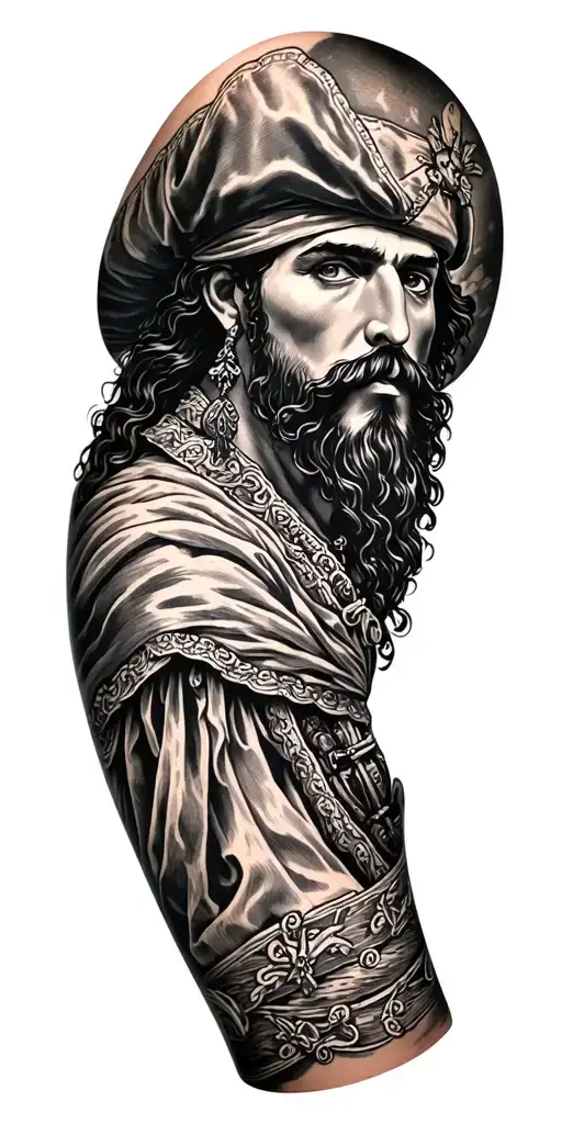 Full arm sleeve historic North Carolina pirate theme. Blackbeard portrait and queen annes revenge  tattoo design idea