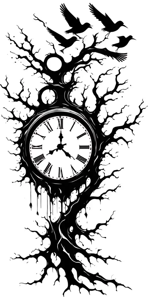 tree and clock and 3 birds tattoo design idea