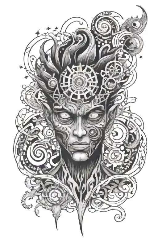 Psychedelic tattoos with many eyes on the whole arm and with different elements for a man in anime style and without painting in ra tattoo design idea