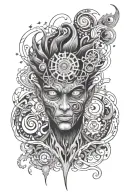 Psychedelic tattoos with many eyes on the whole arm and with different elements for a man in anime style and without painting in ra tattoo design idea