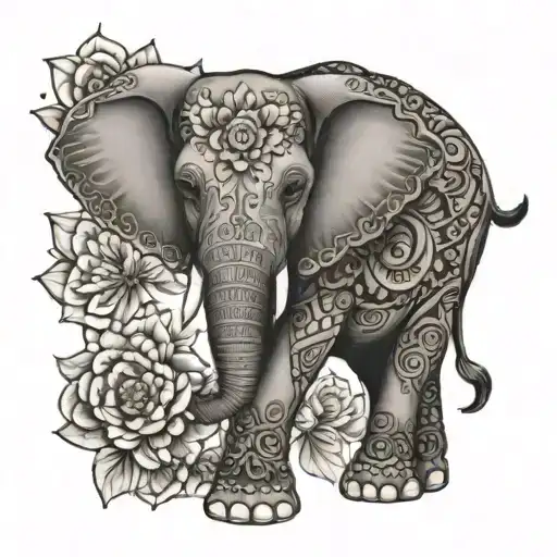 a elephant with flowers and mandala design incorporating tattoo design idea