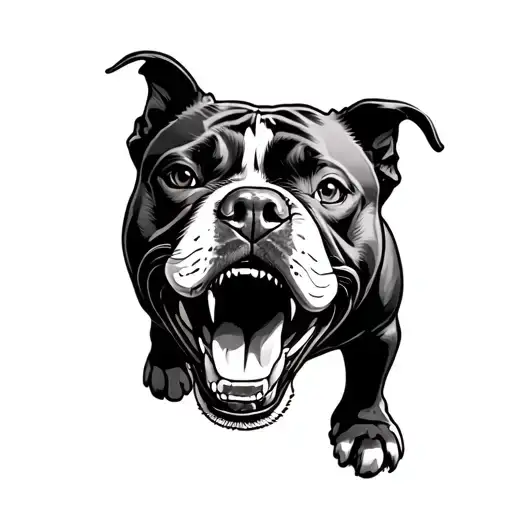 Bold line-art tattoo of a snarling pitbull facing forward, barking aggressively. Its mouth is wide open, revealing sharp tattoo design idea