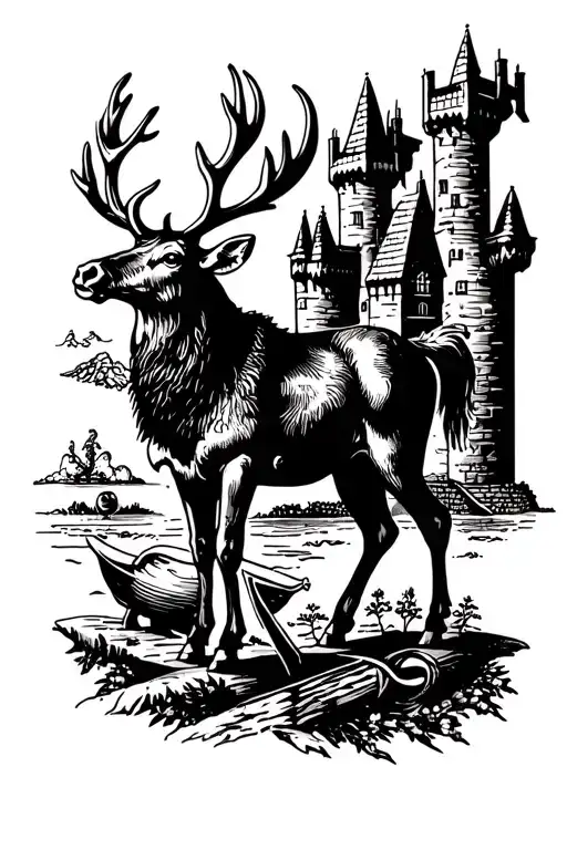 Stag and plough and castle tattoo design idea