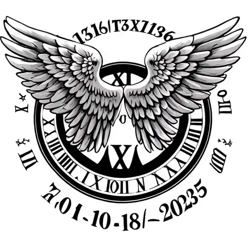 Beautiful wings with the dates 13/01956 and 10/18/2025 in Roman numerals surrounding the wings in a circle tattoo design idea