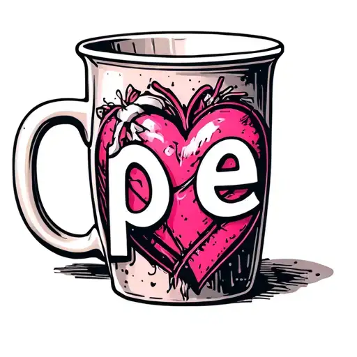 Mug alcohol with heart and pink intertwined within with the letter pe representing love complicity and madness tattoo design idea