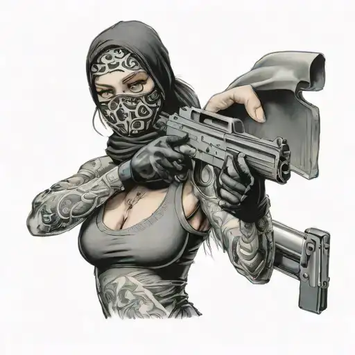 realistic girl wearing a balaclava holding a gun and money tattoo design idea