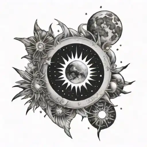 universe, moon, stars, sun tattoo design idea