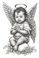 "A portrait of a baby with angel wings, depicted in a black and white color scheme. The baby has a peaceful expression,  tattoo design idea