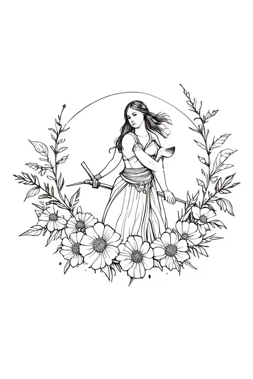 The girl is a warrior in a vinka like that of a dill goat and with a sword, around flowers, minimalism style, only the contour of the picture tattoo design idea
