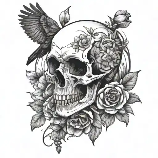 skull, woodpecker, flowers tattoo design idea