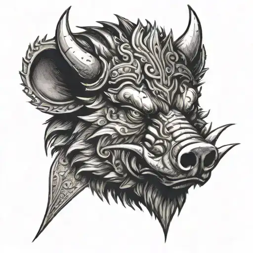 angry boar head on armor wearing a crown with blue eyes mouth open and tusks showing looking straight forward tattoo design idea