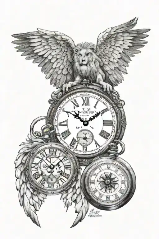 angel wings, pocket watch and lion tattoo design idea