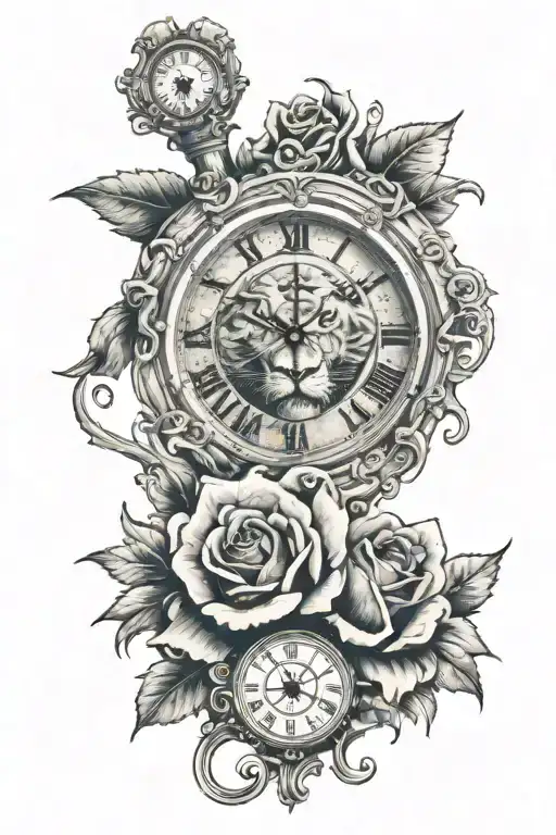 medium sized eye, lion head with scar over his eye, big clock, roman script, rose, mum, 2006  tattoo design idea