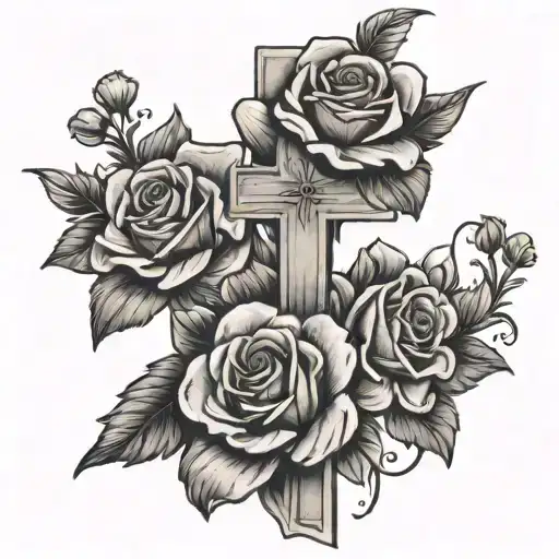 july and may birth flower bouquet with western cross tattoo design idea