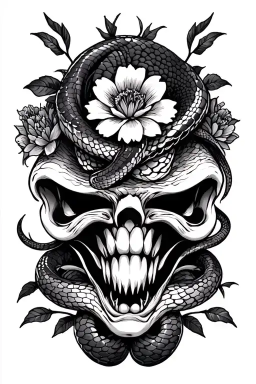 Snakes and flowers Tatoo Design Aggressive Face tattoo design idea