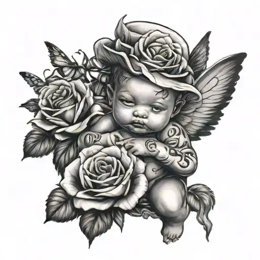 gangster baby angel with roses and butterflies  tattoo design idea