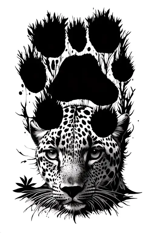 leopard, 2 dog paw prints, boab tree tattoo design idea