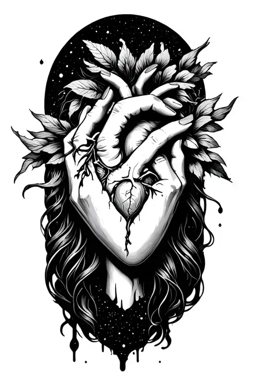 anatomic bleeding heart woman hand squeezing space theme tattoo design idea