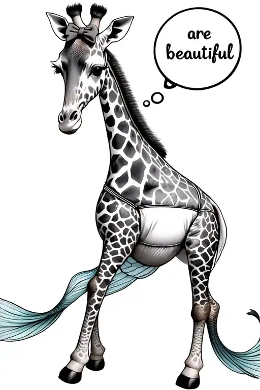giraffe wearing mermaid bikini with a little bow on their head with a thought bubble saying they are beautiful tattoo design idea