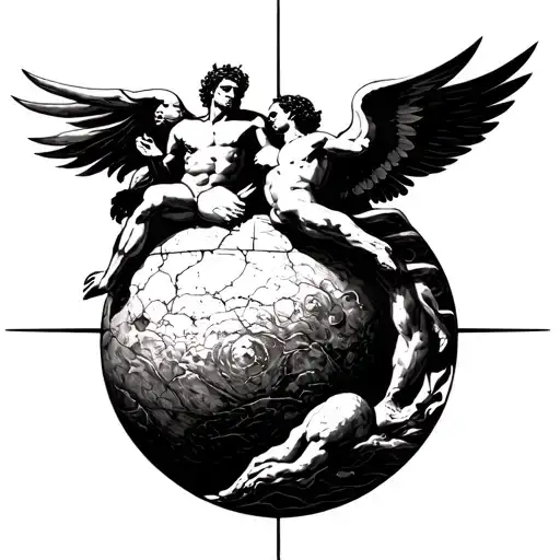 Concept blackwork tattoo sleeve, mythology of Sisyphus and Icarus, symbol of discipline and faith, full arm design, geom tattoo design idea