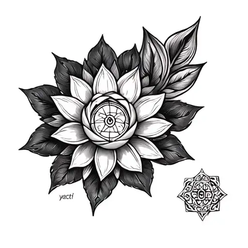 Symbolic Tattoo Integrating Mandala With Blooming Lotus , Sudarshan Chakra, And Stylized Trishul  tattoo design idea