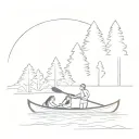 Canoe with pine trees and father mother daughter paddling tattoo design idea