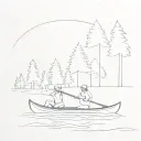 Canoe with pine trees and father mother daughter paddling tattoo design idea