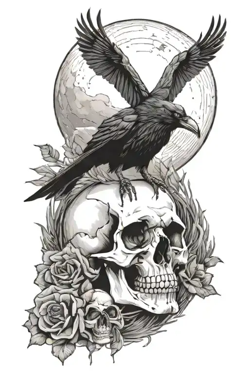 Raven and skull and moon merging together tattoo design idea