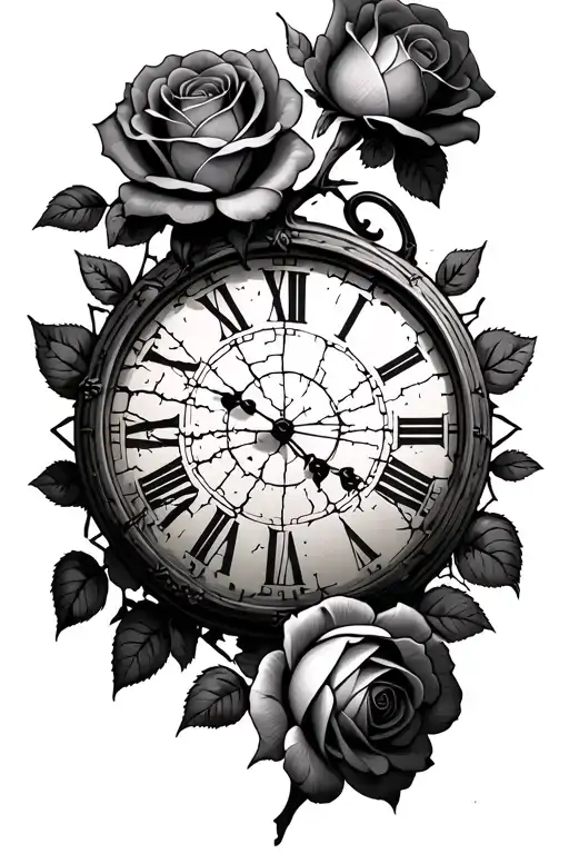 an old clock with cracks and shatters, partly destroyed with roman numbers with two big roses under and one above tattoo design idea