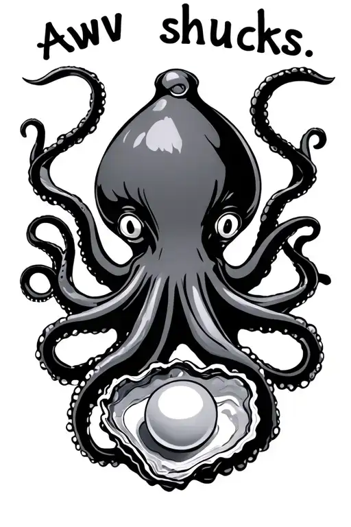 "Aww shucks" "Aww shucks" "Aww shucks" octopus and a oyster pearl inside tattoo design idea