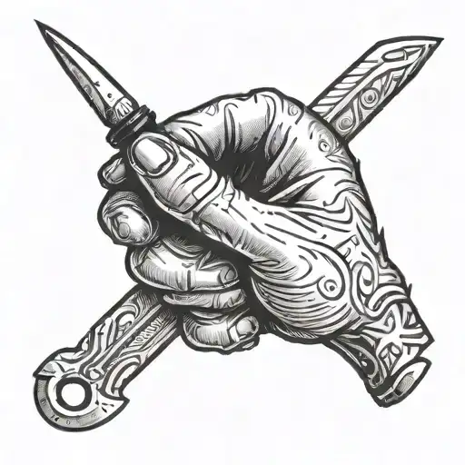 "A minimalist tattoo design of a left hand with the middle finger missing, holding a broken sword. The hand is rugged bu tattoo design idea