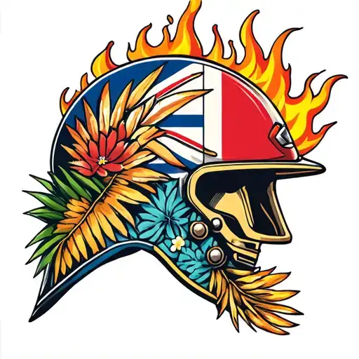 Hawaiian flag and ikaika helmet engulfed in flames tattoo design idea
