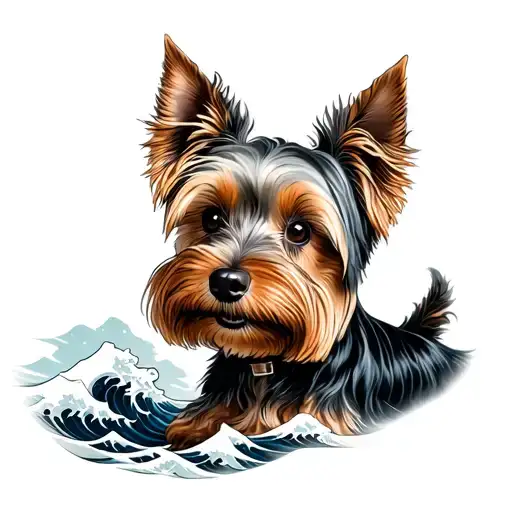 Young Australian silky terrier with one ear folded and the other pointed, some Japanese style wave behind and some small tattoo design idea