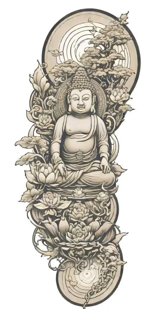 Buddhist inspired and representing someone's spiritual journey. focus on nature scenary. 1 small subtle buddah only tattoo design idea