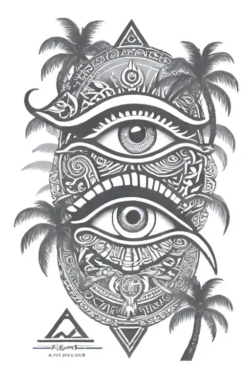 eye of Horus, eye of ra, Egyptian, palm trees, pyramid background tattoo design idea