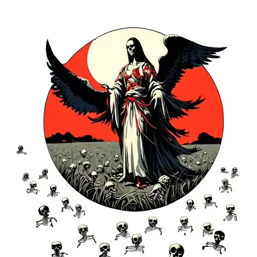 angel of death standing over a field of skeletons  tattoo design idea