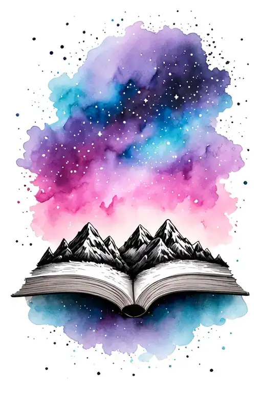 black and white mountain scene with pink purple and blue watercolor night sky with stars coming out of an open book tattoo design idea