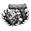 flaming dice with Glock and skulls tattoo design idea