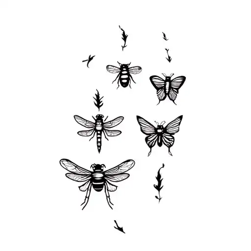 bumble bee, ladybug, butterfly, dragonfly, and firefly next to each other tattoo design idea