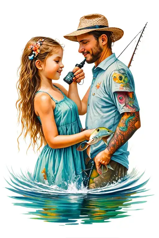 in memory daddy daughter fishing tattoo design idea