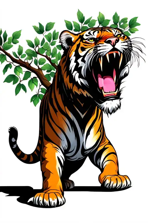 roaring tiger walks and roars, foliage around, tree of life, old open book in binding, realism, high quality, 4k tattoo design idea