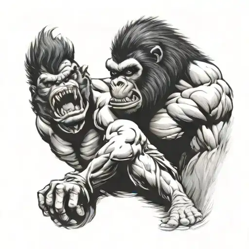 raging bull fighting a gorilla face tattoo design idea